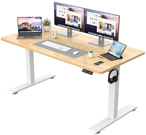 JUMMICO Höhenverstellbarer Schreibtisch KOMPLETTE TISCHPLATTE Elektrischer Schreibtisch Höhenverstellbar mit Memory-Funktion Steh-Sitz Tisch Computertisch 140 x 60 cm Beige