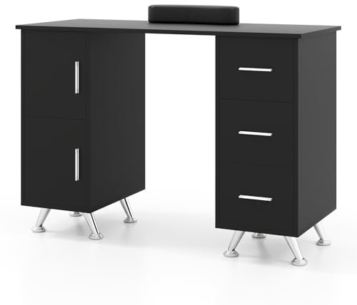 RELAX4LIFE Manicure Table, Professional Nail Tech Desk Station with Removable Wrist Rest, 8 Metal Legs, 3 Drawers & 2 Cabinets, Wooden Nail Art Workstation for Beauty Salon Spa Makeup (Black)