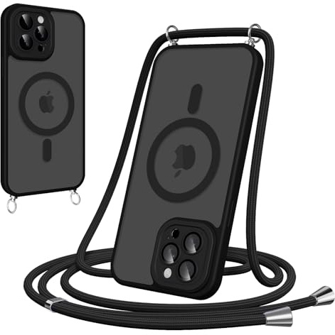 Woijrly Magnetische Handyband mit Band für iPhone 14 Pro Max Hülle - Necklace HandyHülle Durchscheinende mit Kameraschutz, justierbarer und Abnehmbarer Kette, Crossbody Magnet Clear Cover, Schwarz