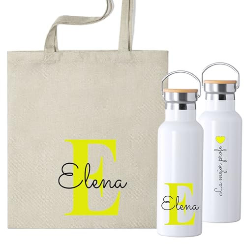 Pack Personalizado de Botella Térmica 500ml y Bolsa de Tela, Diseño con Inicial, Nombre y dedicatoria opcional en la botella personalizada, (AMARILLO)