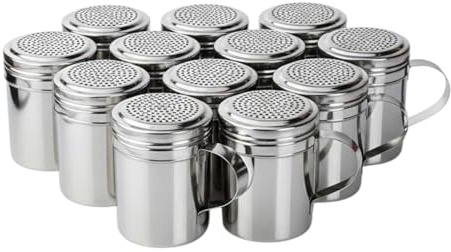 Chabrias Ltd 12 Pack Premium 10oz Stainless Steel Flour & Sugar Dredger Shaker (285 ml) – Fine-Mesh Screw-Top Dusting Shaker for Icing Sugar, Mince Pies & Cappuccino – Dishwasher-Safe (12, 10oz)