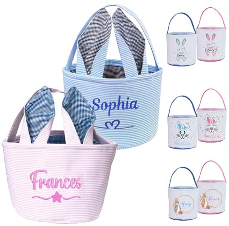 Cestino Pasquale Personalizzato,Nome Personalizzabile,Secchiello Portaoggetti con Coniglio Ricamato/Stampato Personalizzato,Regali per Ragazzi e Ragazze (Uovo di Pasqua Happy Bunny),Rosa e blu.