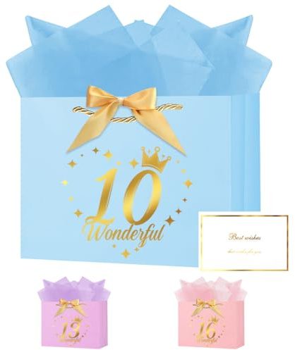 OFFCUP Geschenktüte Kindergeburtstag 10, Geschenktüten Kinder 10 mit Griffen Bogen, Blau Papier Geburtstag mit 3 Seidenpapier und Grußkarte Papier Tüten für Frauen Mädchen (28×20×10cm)