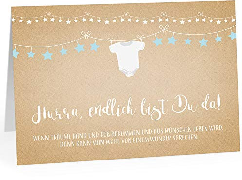 Große Design Glückwunschkarte XXL (A4) zur Geburt, Endlich bist Du da - Junge Blau Karton Look mit Umschlag Glückwunsch Extra Groß Maxi Grußkarte Bab Gratulation Eltern