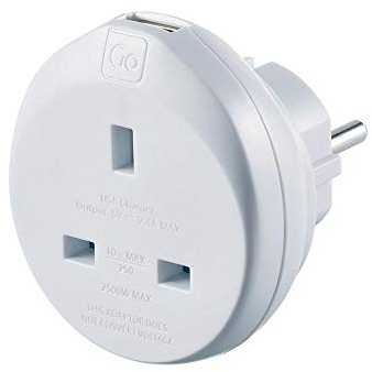 Go Travel Earthed UK to EU European Adaptor Convertor inc USB (Adapter Ref 625)