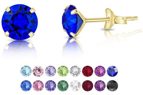 DTPsilver - Boucles d'oreilles/Clous en Argent Fin 925 Plaqué Or Jaune et Cristaux de Swarovski® Elements Ronds - Diamètre: 6 mm - Couleur: Bleu Majestic