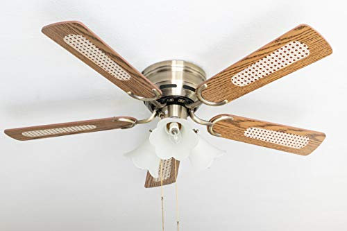 Pepeo Kisa Deluxe Deckenventilator 105 cm Messing Antik Flügel Eiche/Walnuss mit Beleuchtungsfunktion und Zugschalter