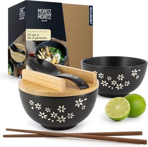 Moritz & Moritz 2x Ramen Schüssel Keramik - 600 ml - 15 cm Ø - Schwarzes Ramen Bowl Set für 2 Personen - Für Suppe, Pho und Sushi Bowl - Inkl. Stäbchen, Deckel und Löffel