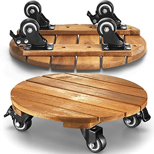 LITADA Pflanzenroller, Pflanzenständer aus Akazienholz, strapazierfähig, 30,5 cm, quadratisch, mit feststellbaren Rollen, für den Außenbereich, für den Innenbereich, rund, naturfarben, 2 Stück