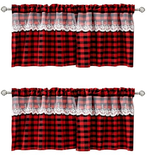 Cantonnière pour cuisine, cantonnière de Noël en coton et lin avec broderie florale en dentelle, noir et blanc, avec passe-tringle