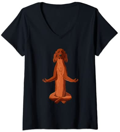 Damen Yoga Hund Irish Red Setter T-Shirt mit V-Ausschnitt