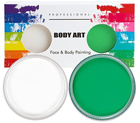 Profi-Schminke Fasching Set, Wasservermalbar 30g x 2 Colors Größere Schminkfarben, Faschingsschminke für Halloween, Fasching oder Verkleidungsparty, Weiß + Grün