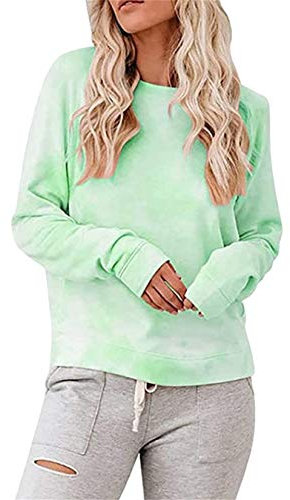 EFOFEI Damen Langarm Top Shirt Lässig Damen Rundhalsausschnitt Sweatshirt Tie Dye Print Shirt Plus Size Pullover Lose Pullover Grün M