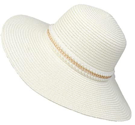 JK Home Femme Chapeau de Plage Panama en Paille Anti Soleil avec Ruban Large Bord Mariage Cérémonie Eté Blanc