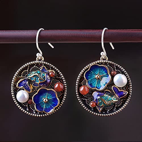 Cnaydingcj Palace Cloisonne Blume Koi Ohrringe - Retro Ethnischer Durchbrochener Ohrhaken Ohrtropfen Schmuck Elegante Perle Ohrclip, Charme Schickes Hanfu Cheongsam Zubehör Brautparty, Ohrclip