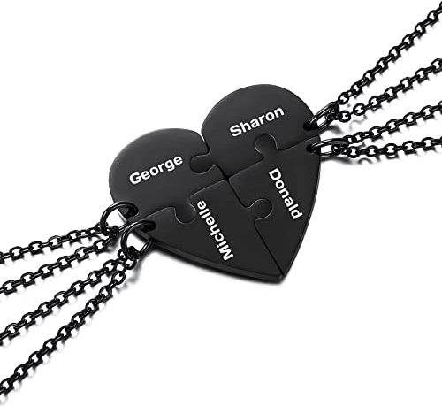 OTXIXTO 4 Schwarz Ton Edelstahl Herz Anhänger Best Friend Forever Puzzle Halskette Individueller Name für Freundschaft Paare Männer Frauen