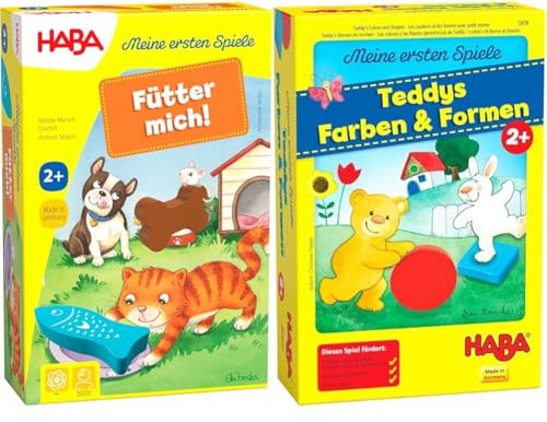 HABA 305473 - Meine ersten Spiele – Fütter Mich! Zuordnungsspiel ab 2 Jahren für 1 – 5 Spieler mit 5 Holzfiguren zum Thema Haustiere & 5878 - Meine ersten Spiele Teddys Farben und Formen