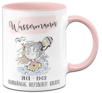 Tassenbrennerei Tasse mit Sternzeichen Wassermann - Kaffeetasse Rosa als Geschenk zum Geburtstag, Horoskop, Astronomie (Wassermann)
