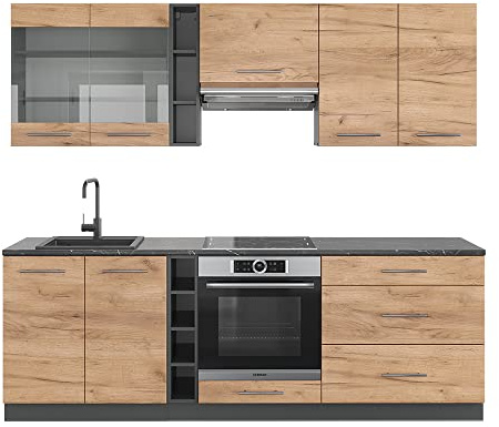Vicco Küchenzeile Fame-Line, Goldkraft Eiche/Anthrazit, 235 cm ohne Arbeitsplatte, geeignet zur individuellen Erweiterung mit Zusatzmodulen