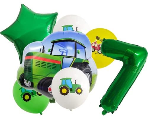 DIWULI Traktor Geburtstag Deko 7 Jahre Set - Luftballon Traktor Deko, Zahlen-Ballon Zahl 7 Luftballon Grün, Trecker Spielzeug Folien-Ballon Bauer Landwirtschaft, 7. Kinder-Geburtstag Junge, Party-Deko