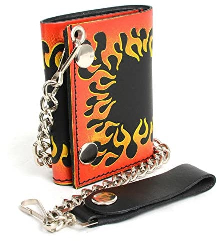 Milwaukee Leather MLW7832 Herren Geldbörse aus Leder, geflammt, dreifach gefaltet, mit Diebstahlsicherung, Edelstahlkette, Schwarz, Einheitsgröße, Classic