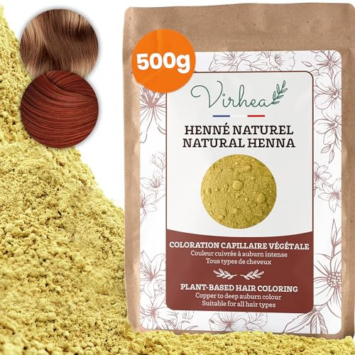 VIRHEA Henna Natural 500 gramos para Cabello - Tinte Vegetal en Polvo Sin Amoníaco - Coloración Permanente para Pelo - Pigmento Natural Pelirrojo Cobre