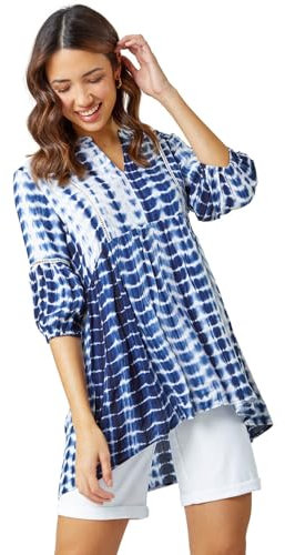 Roman Originals Summer Top for Women UK Ladies Swing Tunic A Line Blouse Ladder Trim Shirt Spring Casual Smart Holiday Party Beach Cruise Gathered Waist Loose Work - Navy - Size 20