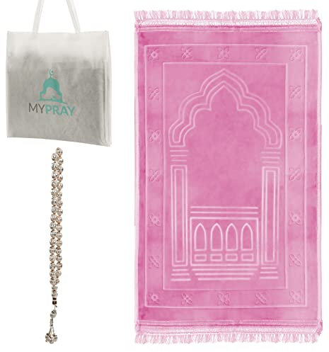 MYPRAY - Gebetsteppich - dick - 3er Set Seccade - mit Tesbih und Tasche (rosa)