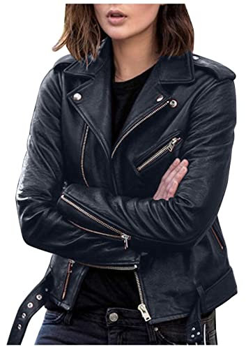 EMUKFD Chaquetas de cuero sintético mujer, talla grande, abrigo ligero vegano con bolsillos cremallera, ajustado