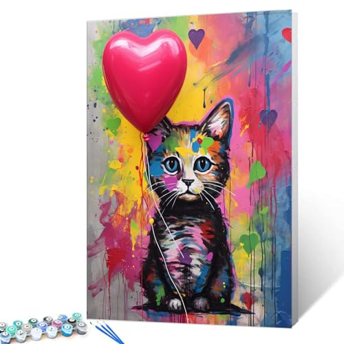 Tucocoo Niedliches Katzenballon-Malen-nach-Zahlen-Set mit Pinseln und Acrylpigment auf Leinwand, Gemälde für Erwachsene, Graffiti-Banksy-Straßenkunst-Bild für Zuhause, Wanddekoration, Geschenke