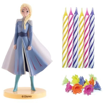 dekora - Kit Frozen Elsa PVC mit 10 Geburtstagskerzen - Kit zum Dekorieren von Geburtstagstorten - Attraktives Design - Set mit 1 Elsa Frozen Disney Figur und 10 Kerzen mit Sockel