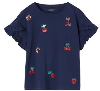 Vertbaudet Mädchen T-Shirt mit Pailletten-Applikation dunkelblau/Kirschen 140