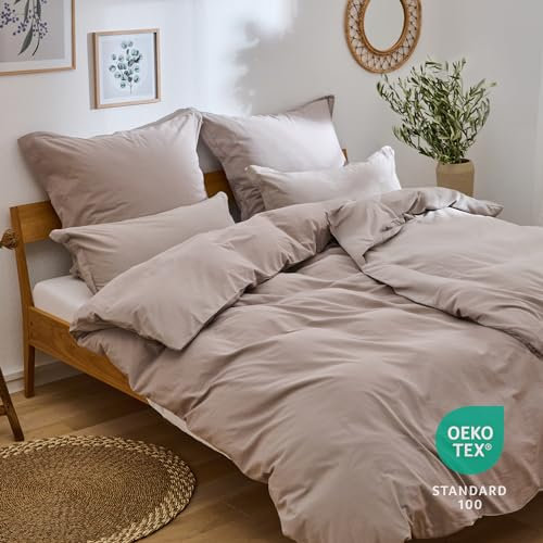 Blumtal Bettwäsche 2X 135x200cm 4teilig mit Kissenbezug 2X 40x80cm - Bettbezug leinenartige Baumwolle, ähnlich wie Leinenbettwäsche135/200 - Oeko-TEX zert. Sommerbettwäsche Stone Washed Taupe