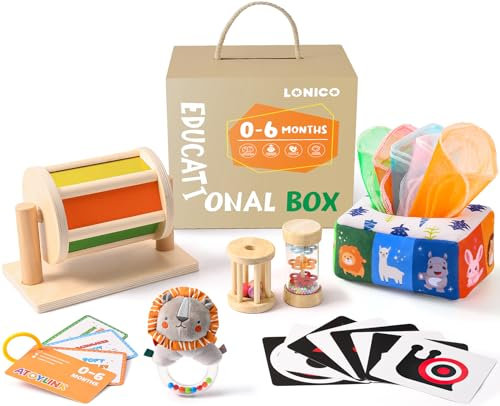 Montessori Babyspielzeug ab 6 Monate Sensorik Spielzeug mit Spinning Drum & Tücherbox & Rassel Baby & Greiflinge & Regenmacher & Kontrastkarten Motorikspielzeug Holzspielzeug Geschenk Baby 1 Jahre