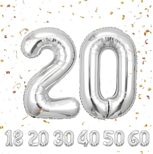 Zahlen luftballon 20 jahre | Silber Folienballon-4020 Geburtstagsdeko -20 Ballon Zahl Deko zum Geburtstag fliegt mit Helium 20.Geburtstag für Männer Frauen 20.Geburtstagsparty Jubiläum