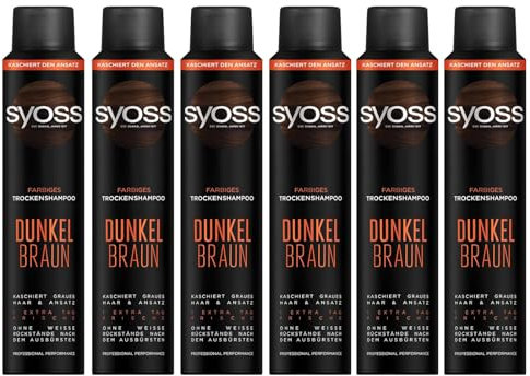 6x Syoss Farbiges Trockenshampoo Dunkelbraun Trockenshampoo ohne Rückstände zur Farbauffrischung, verleiht beim Haarstyling 1 Tag extra Frische ohne Haarewaschen,200ml (6er Pack)