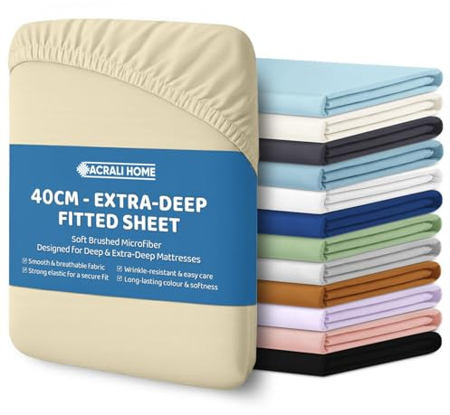 ACRALI HOME Microfiber Super King Fitted Sheet 40cm Extra Deep Fit Pocket - Breathable, Soft & Easy Care, Cream Bed Sheet - Wrinkle Free & Fade Resistant (200x180cm)