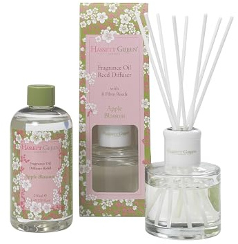 Hassett Green London - Apple Blossom Reed Diffuser & Refill Set - 100ml Glass Diffuser with 8 Fibre Reed Sticks + 250ml Fragrance Oil Refill