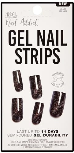 ARDELL Nail Addict Gel Nail Strips – Heartbreaker Semi-cured Gelnägel | 14 Tage Halt | Schwarz-Glitter Design | Einfach anzuwenden & sanft zu entfernen | Starter Kit für Zuhause