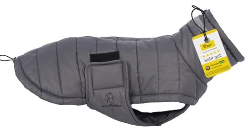 Wanderpfote Hundemantel in Grau, Größe M – synthetische Daunenjacke Hundejacke Stilvoll und Elegant – Hundemantel Wasserdicht – für mittelgroße Hunde – Hundemantel Winter, Wintermantel Hund