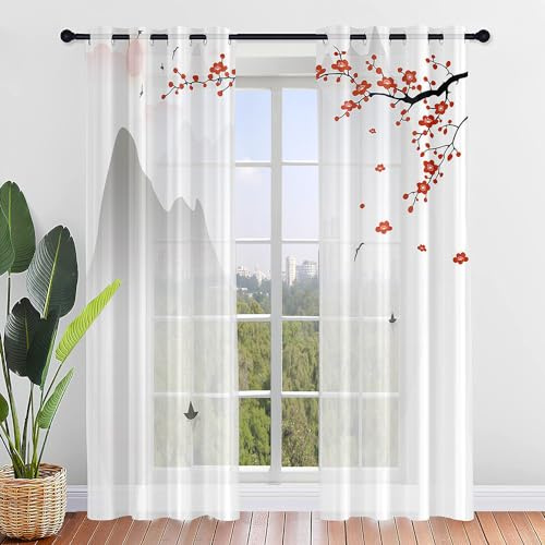Surwin Style Japonais Rideau Voilage, Lot de 2 Rideau à Oeillets, Voiles Intérieurs Translucides, Rideaux Salon Moderne pour Décorer Salon,Chambre,Cuisine,Fenêtre (140x213cm,Sakura)