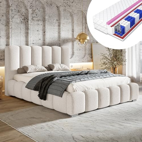 MOTIVENA Grand Bubble Bett 140x200, Polsterbett 140x200 Boucle, mit Bettkasten, mit Stauraum, mit Lattenrost, mit Kopfteil, Matratze H2/H3, Weiß (Milch)