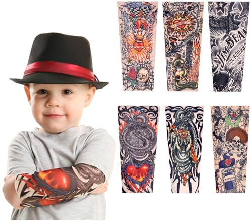 TSHAOUN 6 PCS Manches de Tatouage pour Les Enfants, Couvre-manches pour Tatouages Temporaire de Bras, Halloween Tatouage Manchettes de Bras Faux Tatouage Tatoo pour Punk Cool Garçon Filles (6PCS)