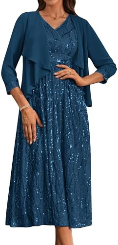 GRACE KARIN Damen 2024 Elegant Glitzer Chiffon Kleid Pailletten 2 Set Ballkleid Vintage 70er Ärmellos Cocktailkleid -Line Maxi Abendkleid Ball Party Grün Blau 48