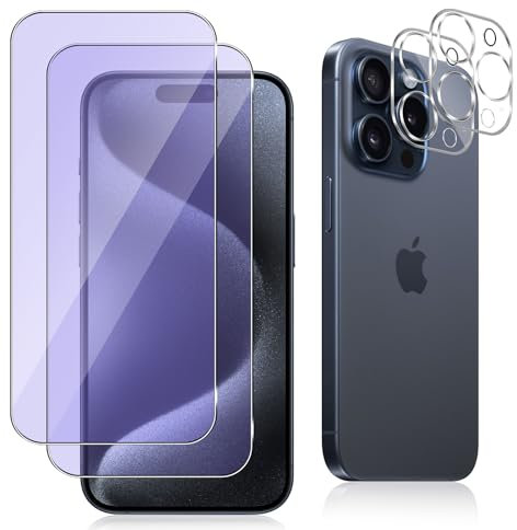 Datree Compatible avec iPhone 15 Pro (6,1 Pouces) Verre Trempé, 2+2 Pack Anti Lumière Bleue Protection écran +Caméra Arrière Protecteur,Anti-Rayures Soulage la Fatigue Oculaire Protection d’écran