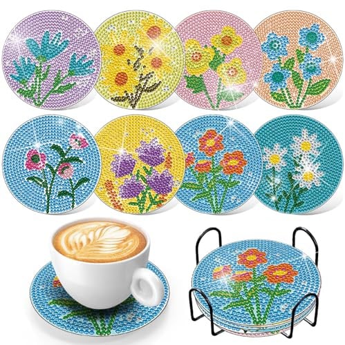 KAOTPO 8 Stück Diamond Painting Untersetzer mit Halter, Diamond Painting Erwachsene, 5D DIY Untersetzer Gläser für Getränke, Weingläser und Heimküche (Blumen)