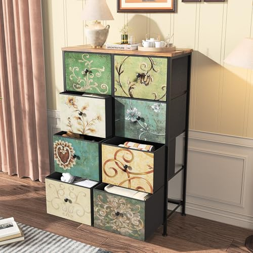 BRILVERDE Commode avec 8 tiroirs, buffet de style bohémien avec plateau en bois et structure métallique, meuble TV avec tiroirs en tissu, commode pour salon, chambre à coucher, couloir