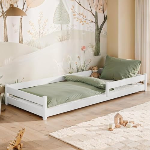 Kids Collective Kinderbett Bodenbett 90x200 cm mit Rausfallschutz & Lattenrost Montessori Bett Bed Gitterbett Kinder Jugendbett Einzelbett optional mit Matratze | weiß | von 4. bis 18. Lebensjahr