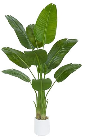 TXABL Künstliche Paradiesvogel Pflanze 120cm kunstpflanzen groß künstliche Tropische bananenbaum mit 9 Blättern, Künstliche Pflanzen wie echt mit weißen Topf für Zimmer Deko Büro Schlafzimmer Garten