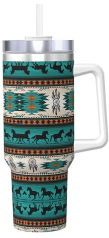 Tazza isolata sottovuoto in acciaio inox con motivo a righe di cavallo da 1,18 l, con manico e cannuccia, portatile per bevande calde e fredde